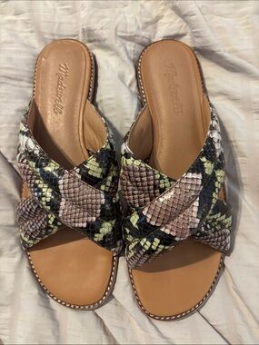 Madewell Tan & Snake-Print Crisscross Slide Sandals